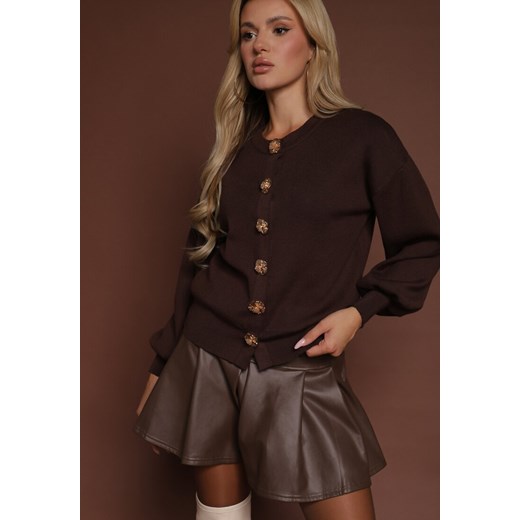 Brązowy Kardigan z Wiskozą Zdobiony Eleganckimi Napami i Bufiastymi Rękawami Acannte ze sklepu renee.pl w kategorii Swetry damskie - zdjęcie 185852296