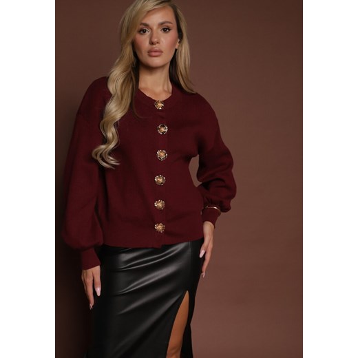 Bordowy Kardigan z Wiskozą Zdobiony Eleganckimi Napami i Bufiastymi Rękawami Acannte ze sklepu renee.pl w kategorii Swetry damskie - zdjęcie 185852299