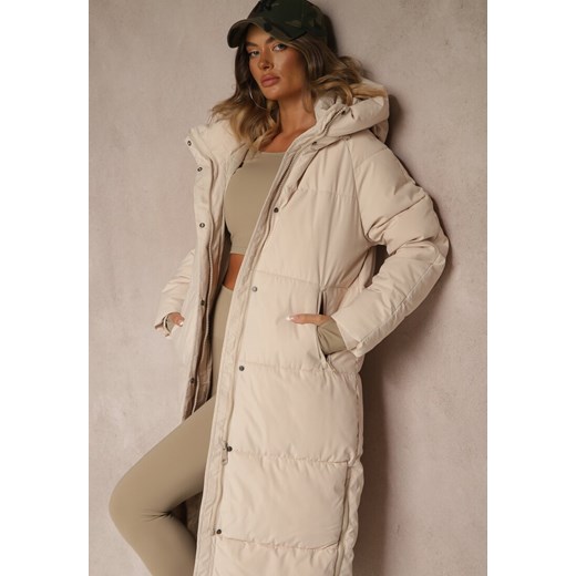 Jasnobeżowa Zimowa Kurtka z Pikowanymi Przeszyciami Kapturem i Suwakami Gionea ze sklepu renee.pl w kategorii Kurtki damskie - zdjęcie 185852357