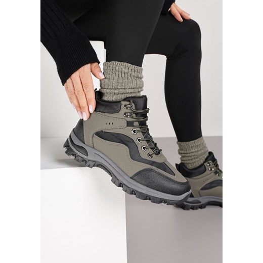 Czarno-Zielone Buty Trekkingowe Trapery Vices Ozdobione Geometrycznym Motywem Anarisse ze sklepu renee.pl w kategorii Workery damskie - zdjęcie 185852569