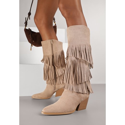 Ciemnobeżowe Kozaki Typu Kowbojki na Stożkowym Obcasie z Frędzlami Acirrive 39 born2be.pl