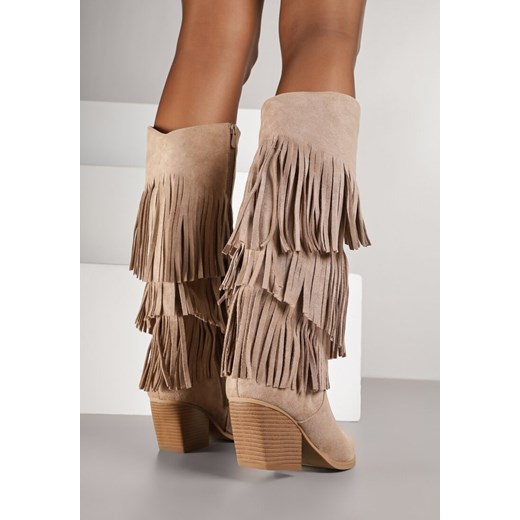 Ciemnobeżowe Kozaki Typu Kowbojki na Stożkowym Obcasie z Frędzlami Acirrive 38 born2be.pl