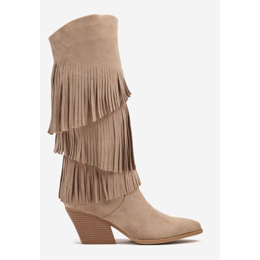 Ciemnobeżowe Kozaki Typu Kowbojki na Stożkowym Obcasie z Frędzlami Acirrive 36 born2be.pl
