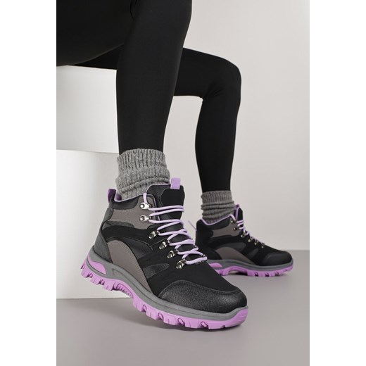 Czarno-Fioletowe Buty Trekkingowe Trapery Vices Ozdobione Przeszyciami Narrive ze sklepu born2be.pl w kategorii Workery damskie - zdjęcie 185853719