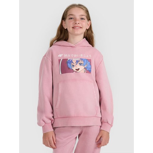 Dziewczęca bluza nierozpinana z kapturem 4F 4FJRAW25TSWSF2294 - różowa ze sklepu Sportstylestory.com w kategorii Bluzy dziewczęce - zdjęcie 185854966