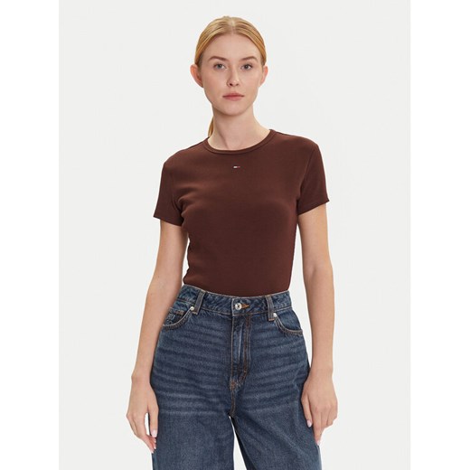 Tommy Jeans T-Shirt Essential DW0DW17383 Brązowy Slim Fit ze sklepu MODIVO w kategorii Bluzki damskie - zdjęcie 185870096
