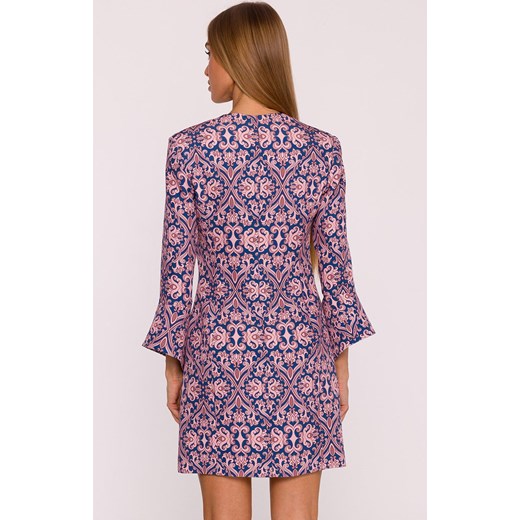 Moe sukienka we wzór z szerokimi mankietami M877/3, Kolor niebiesko-różowy, Rozmiar L, MOE ze sklepu Primodo w kategorii Sukienki - zdjęcie 185882779