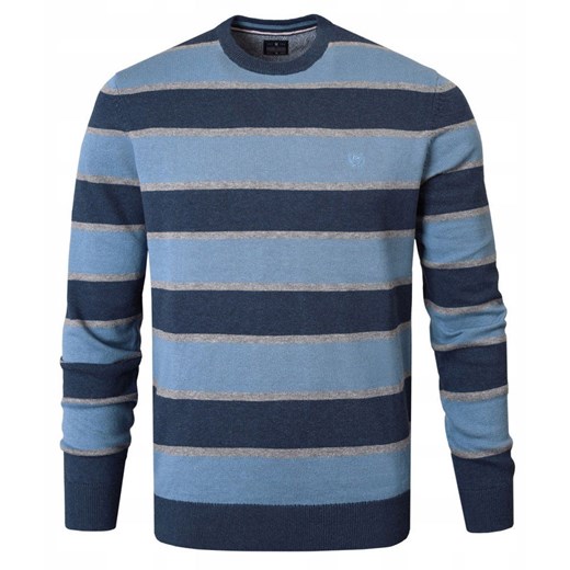 Bawełniany Sweter Męski, Okrągły Dekolt - Pako Jeans - Niebieski i Granat, Pasy SWPJNSderkoNB ze sklepu JegoSzafa.pl w kategorii Swetry męskie - zdjęcie 185885679