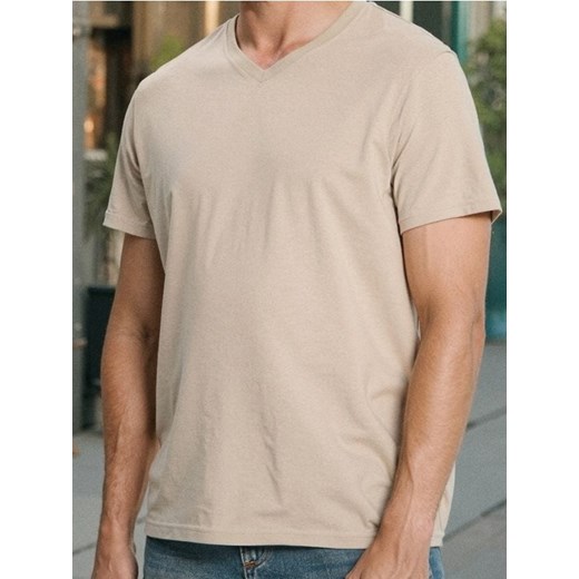 Sinsay - Koszulka basic z dekoltem w serek - beżowy ze sklepu Sinsay w kategorii T-shirty męskie - zdjęcie 185894995