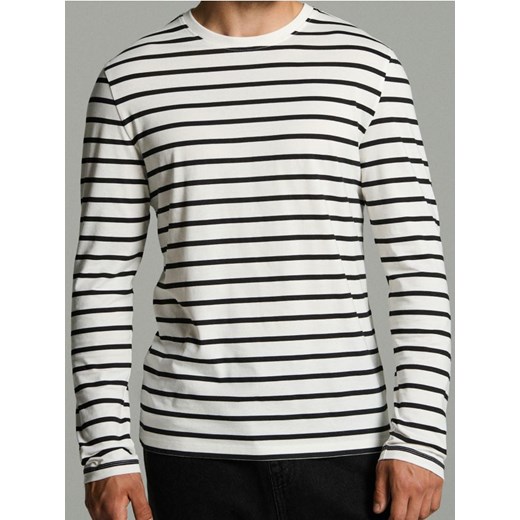 Sinsay - Bawełniana koszulka z długimi rękawami w paski - kremowy ze sklepu Sinsay w kategorii T-shirty męskie - zdjęcie 185895107