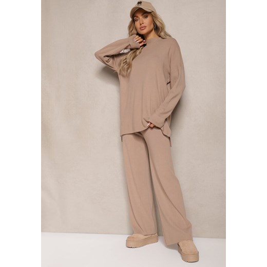 Ciemnobeżowy Komplet 2-częściowy z Dzianiny z Wiskozą Sweter z Półgolfem i Spodnie z Gumką Firiala ze sklepu renee.pl w kategorii Komplety i garnitury damskie - zdjęcie 185895796