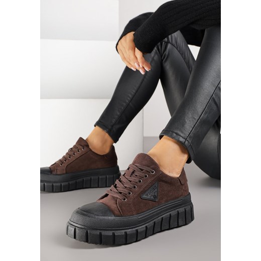 Brązowe Sneakersy Vices na Platformie z Ozdobą i Napisem Leawen ze sklepu renee.pl w kategorii Buty sportowe damskie - zdjęcie 185896307
