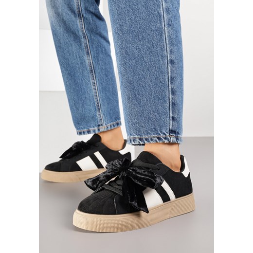 Czarne Sneakersy Typu Tenisówki z Welurową Kokardą  Anorisse ze sklepu born2be.pl w kategorii Buty sportowe damskie - zdjęcie 185897946