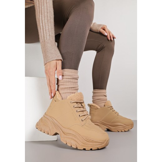 Jasnobrązowe Traperki Sneakersy Vices na Grubej Tłoczonej Platformie Typu Traperki Narrise ze sklepu born2be.pl w kategorii Workery damskie - zdjęcie 185898085