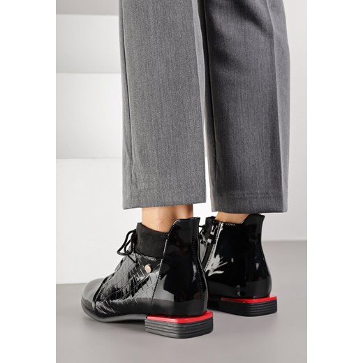 Czarne Lakierowane Botki Vices w Stylu Sztybletów z Tłoczeniem Ozvila 40 born2be.pl