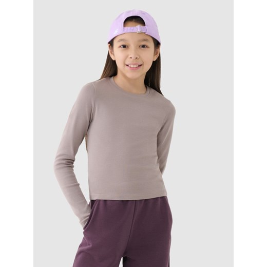 Dziewczęcy longsleeve basic 4F 4FJRSS25TLONF505 - beżowy ze sklepu Sportstylestory.com w kategorii Bluzki dziewczęce - zdjęcie 185900007