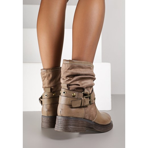 Ciemnobeżowe Botki w Stylu Biker z Marszczoną Cholewką i Klamrami Claride Renee 36 renee.pl
