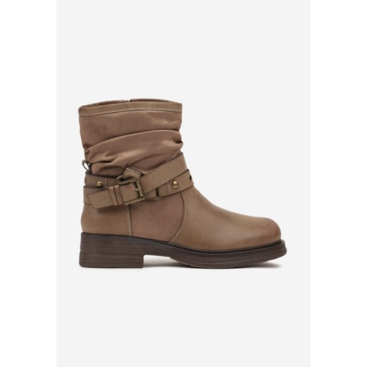 Ciemnobeżowe Botki w Stylu Biker z Marszczoną Cholewką i Klamrami Claride Renee 40 renee.pl