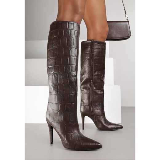 Brązowe Kozaki na Szpilce Zdobione Tłoczeniem w Krokodyli Wzór Nalafea 38 born2be.pl