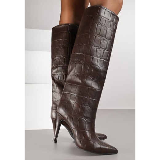 Brązowe Kozaki na Szpilce Zdobione Tłoczeniem w Krokodyli Wzór Nalafea 39 born2be.pl