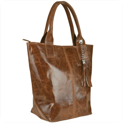 Torebka  skórzana shopper xl z zamkiem połysk brąz - id: 467 - marki Borse In Pelle - 185922149 Torebka  skórzana shopper xl z zamkiem połysk brąz ze sklepu melon.pl w kategorii Torby Shopper bag - zdjęcie 185922149