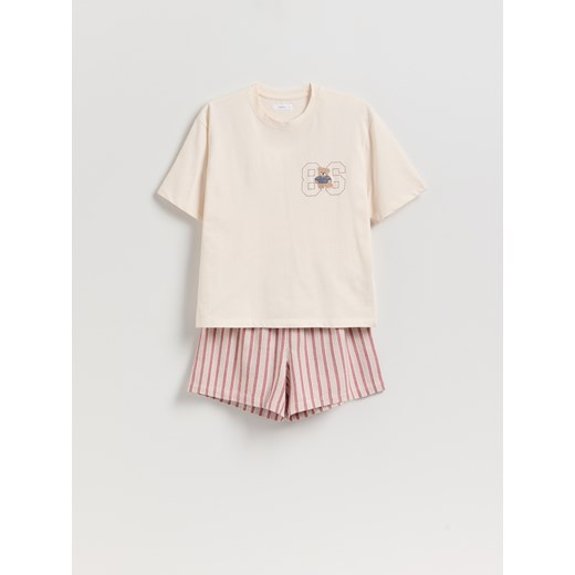 Reserved - Dwuczęściowa piżama z haftem - kremowy Reserved XS Reserved
