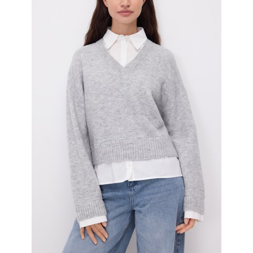 Reserved - Sweter z koszulową wstawką - jasnoszary Reserved XL Reserved