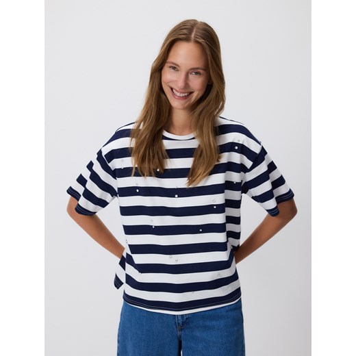 Reserved - Bawełniany t-shirt z aplikacją - granatowy ze sklepu Reserved w kategorii Bluzki damskie - zdjęcie 185935186