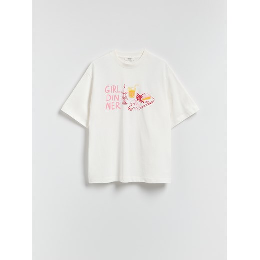 Reserved - T-shirt oversize z nadrukiem - złamana biel ze sklepu Reserved w kategorii Bluzki damskie - zdjęcie 185935529