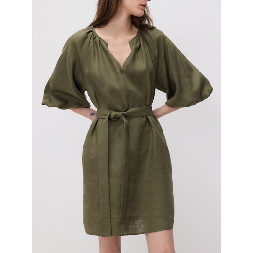Reserved - Lniana sukienka z wiązaniem - oliwkowy ze sklepu Reserved w kategorii Sukienki - zdjęcie 185939088
