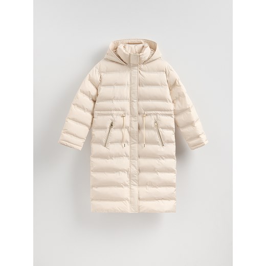 Reserved - Pikowany płaszcz z kapturem - złamana biel Reserved M Reserved