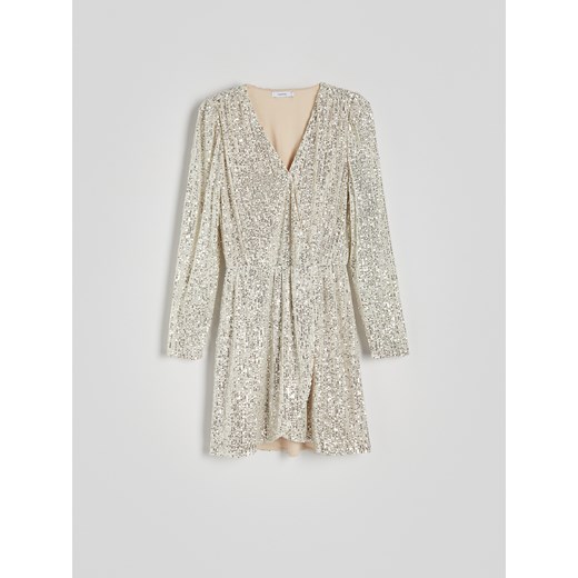 Reserved - Sukienka z cekinami - kremowy Reserved S Reserved promocyjna cena