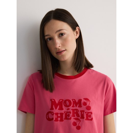 Reserved - Bawełniany t-shirt z nadrukiem - fuksja ze sklepu Reserved w kategorii Bluzki damskie - zdjęcie 185946489