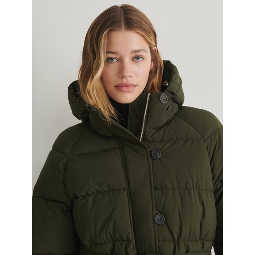 Reserved - Płaszcz z wiązanym paskiem - zielony Reserved M Reserved