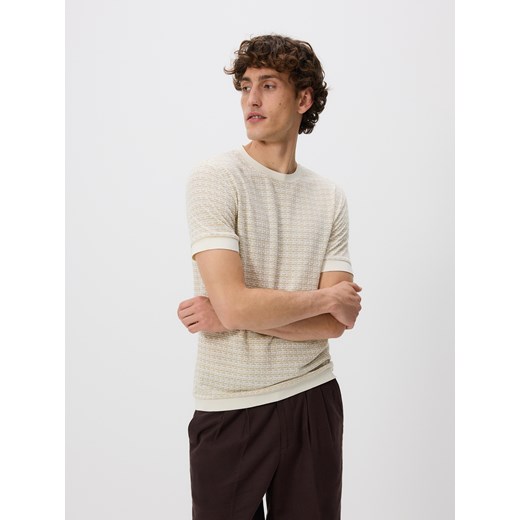 Reserved - Strukturalny t-shirt regular - beżowy Reserved S okazja Reserved