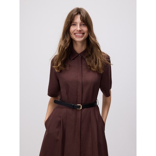 Reserved - Sukienka midi z lnem - brązowy ze sklepu Reserved w kategorii Sukienki - zdjęcie 185950226