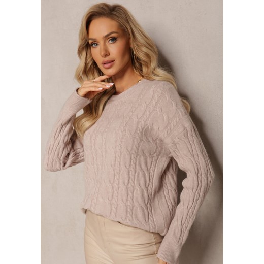Beżowy Sweter z Okrągłym Dekoltem i Splotem w Warkocze Dawnitta - id: KTH2335-42-BEIGE - marki Renee - 185952848 Beżowy Sweter z Okrągłym Dekoltem i Splotem w Warkocze Dawnitta ze sklepu renee.pl w kategorii Swetry damskie - zdjęcie 185952848