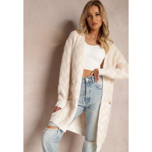 Jasnobeżowy Niezapinany Kardigan o Przedłużonym Fasonie w Zygzaki Chevron Oherna Renee ONE SIZE renee.pl