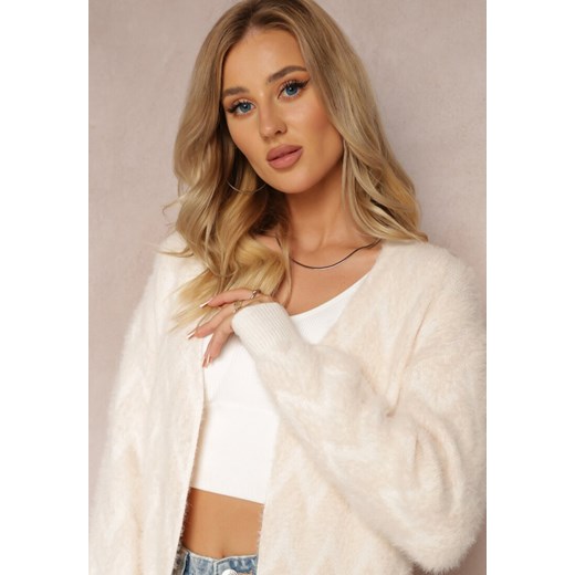 Jasnobeżowy Niezapinany Kardigan o Przedłużonym Fasonie w Zygzaki Chevron Oherna Renee ONE SIZE renee.pl
