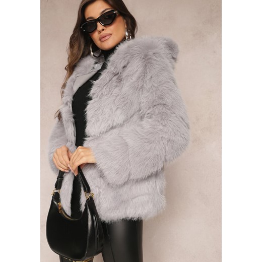 Szara Kurtka z Futerkiem i Kapturem Haiattas ze sklepu renee.pl w kategorii Kurtki damskie - zdjęcie 185953038