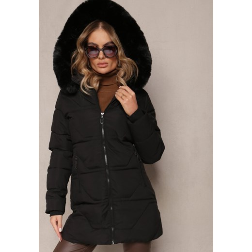 Czarna Pikowana Kurtka z Kapturem i Ozdobnym Futerkiem Zepiola ze sklepu renee.pl w kategorii Kurtki damskie - zdjęcie 185953078