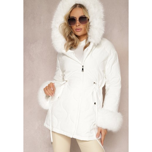 Biała Kurtka Zimowa z Szerokim Kapturem z Futerkiem i Troczkami w Pasie Anelri ze sklepu renee.pl w kategorii Kurtki damskie - zdjęcie 185953095