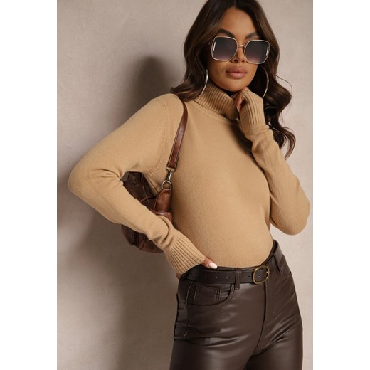 Ciemnobeżowy Golf Sweter o Dopasowanym Kroju z Kaszmirem Zairith ze sklepu renee.pl w kategorii Swetry damskie - zdjęcie 185953288