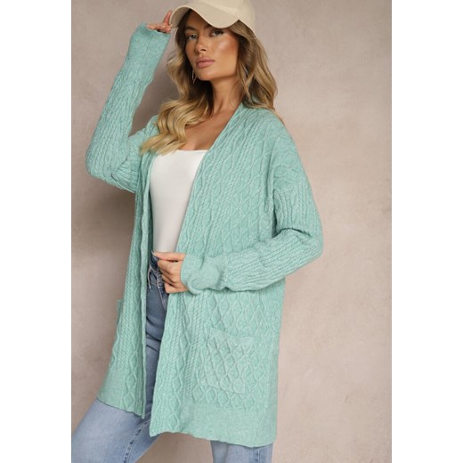 Miętowy Kardigan Nierozpinany o Długim Kroju Ozdobiony Tłoczeniem Vailithe ze sklepu renee.pl w kategorii Swetry damskie - zdjęcie 185953316