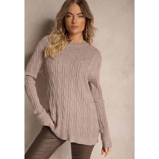 Ciemnobeżowy Sweter z Wiskozą Ozdobiony Tłoczeniem Savra Renee ONE SIZE renee.pl
