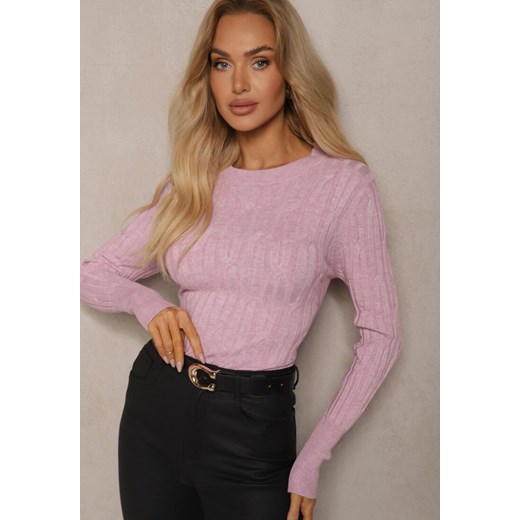 Jasnoróżowy Sweter z Wiskozą i Ozdobnym Splotem Saviana Renee ONE SIZE promocyjna cena renee.pl