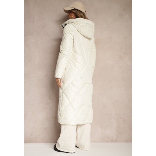 Biała Pudełkowa Kurtka o Długim Kroju z Pikowanymi Przeszyciami Kapturem i Renee XL renee.pl