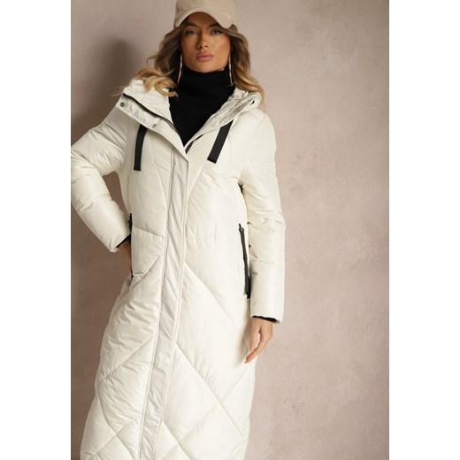 Biała Pudełkowa Kurtka o Długim Kroju z Pikowanymi Przeszyciami Kapturem i Renee XL renee.pl