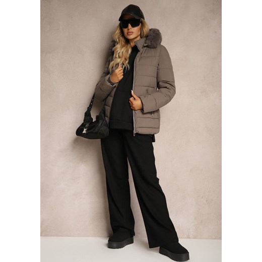 Ciemnoszara Taliowana Kurtka z Pikowanymi Przeszyciami z Kapturem z Futerkiem Renee L renee.pl