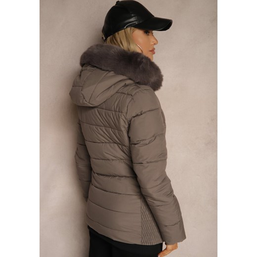 Ciemnoszara Taliowana Kurtka z Pikowanymi Przeszyciami z Kapturem z Futerkiem Renee 2XL renee.pl